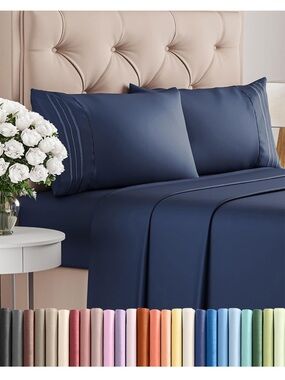 King Size 4 Piece Sheet Set - Comfy Breathable & Cooling Sheets - Navy